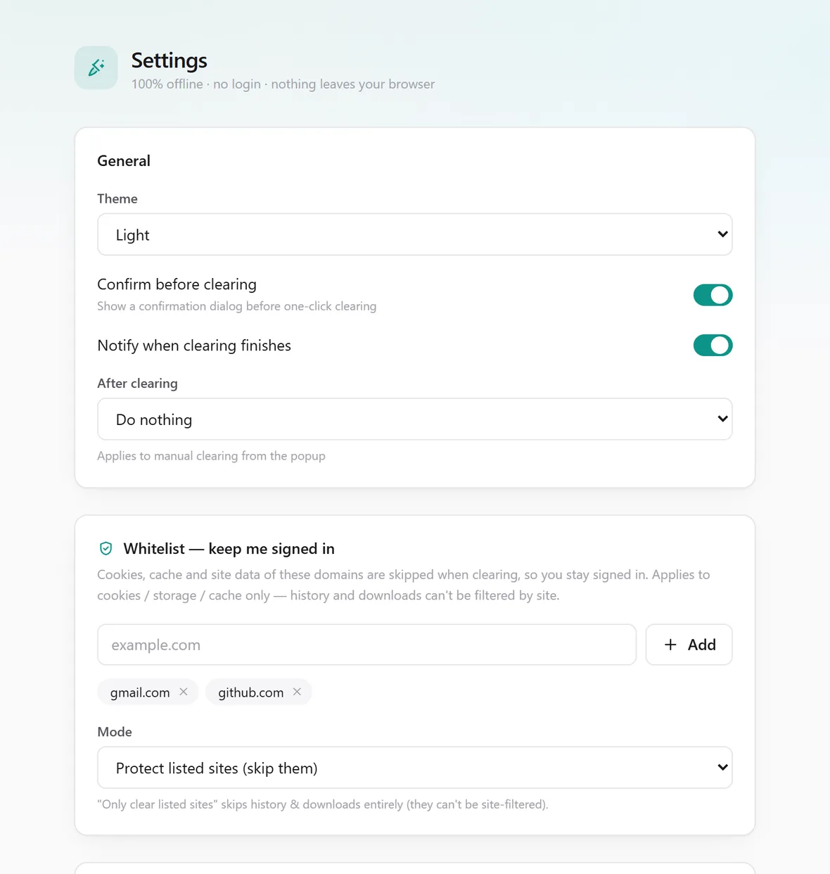 ClearKit settings page showing the whitelist and auto-clean rules